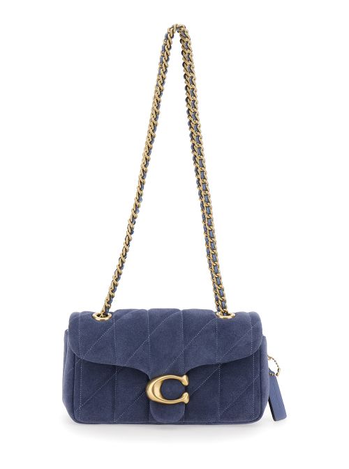 Blue Crossbody Bag With Chain Handles And Logo Plate On The Front Suede For Women Blu - Women