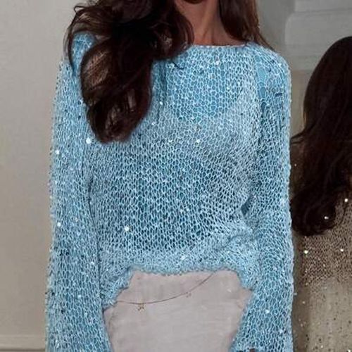 Women Sequin Crochet Sheer Mesh See Through Pullover Tops Shiny Long Sleeve Hollow Out Fishnet Knit Sparkly Top