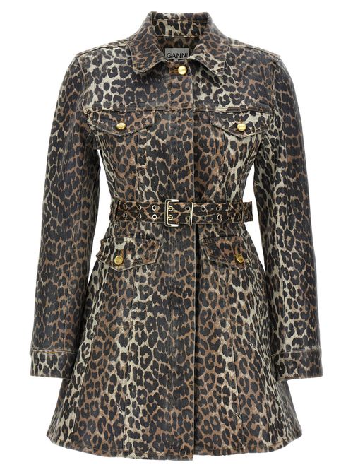 Leopard Print Cotton Denim Dress — Black