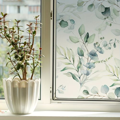 TEMU Privacy Window Film With Plant Leaf Design - 15.75x47., Electrostatic Frosted Glass Sticker, Uv Protection, Removable For Bathroom & Bedroo