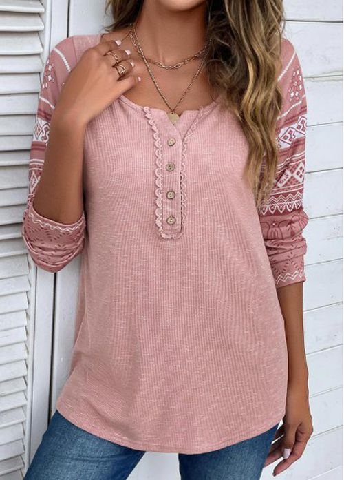 Modlily Pink Lace Tribal Print Long Sleeve T Shirt