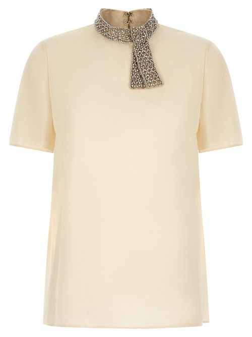 Crystal-Embellished Collar Blouse — Cream