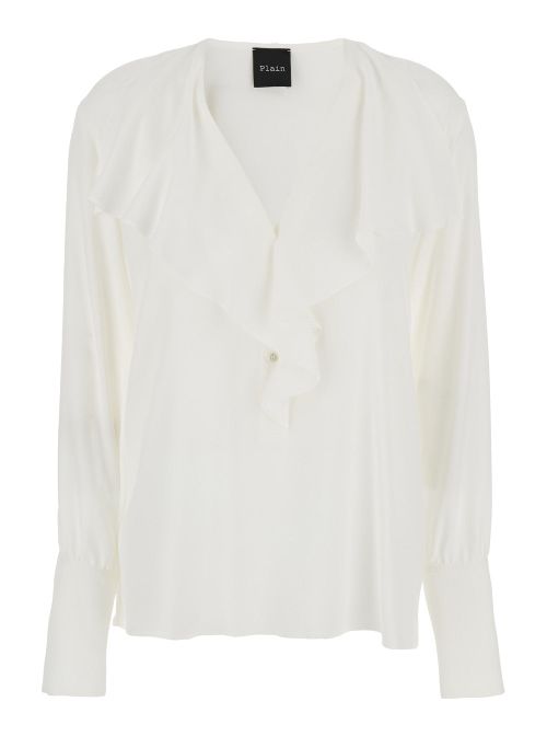 Ruffle-Front Silk-Blend Shirt — White