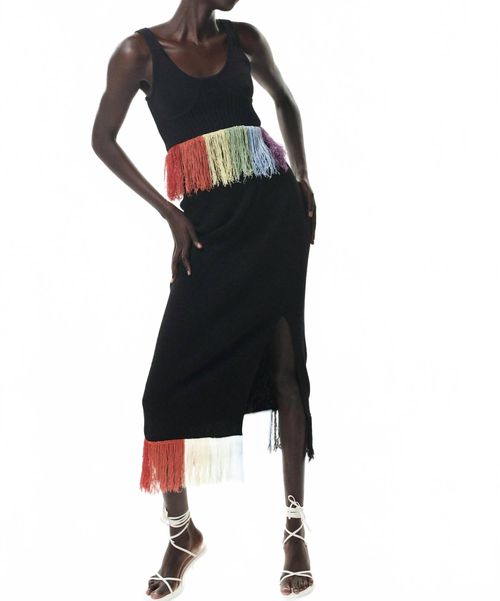 Faye Rainbow Fringe Midi Skirt In Black