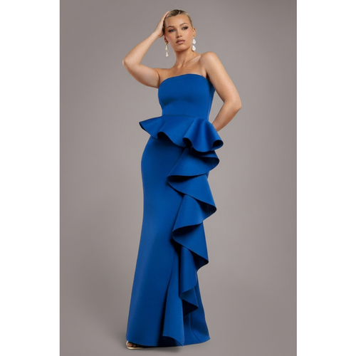 Goddiva Boobtube Peplum Waterfall Frill Maxi Dress - Royal Blue