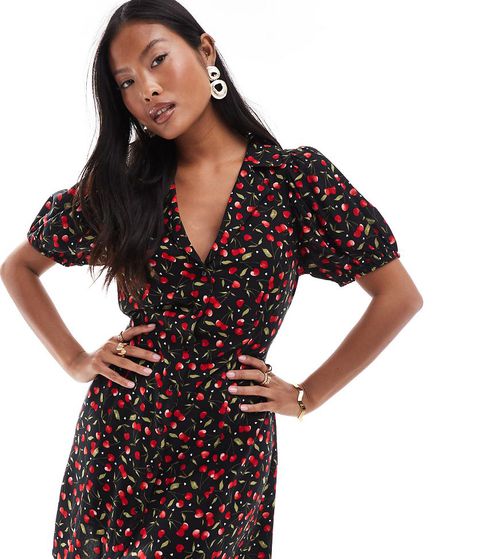 Miss Selfridge Petite button through mini tea dress in cherry print-Multi