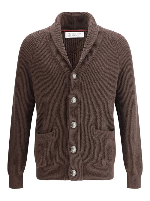 Shawl-Lapel Ribbed Cardigan — Brown