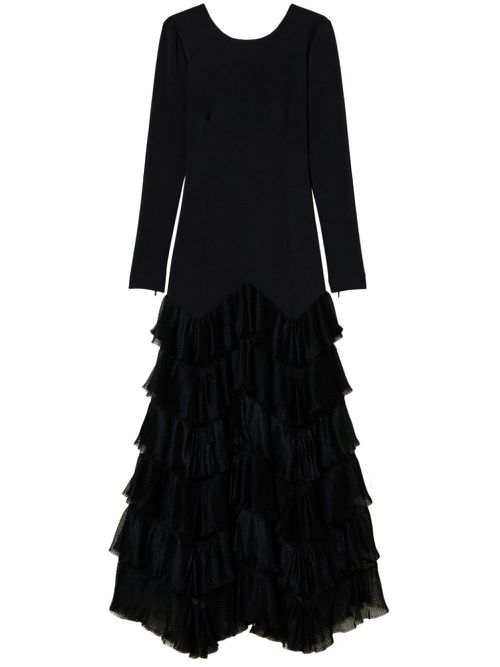 Pleated tulle flounces maxi dress - Black