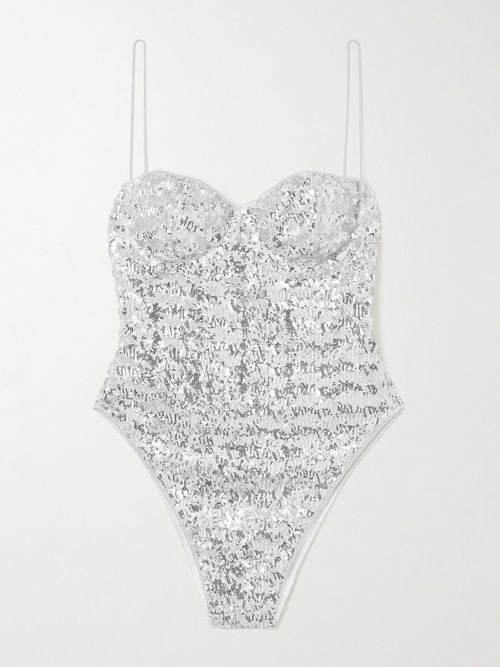 Sequined Jersey Balconette Bodysuit - Silver