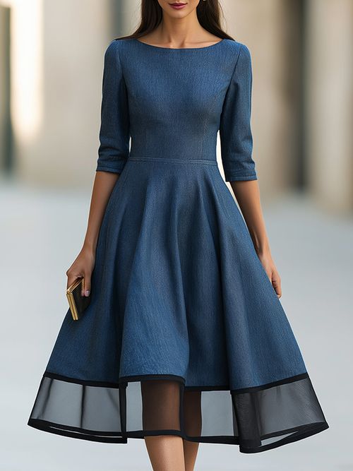 Sheer Hem Bateau Neck A-Line Midi Dress - Navy Blue
