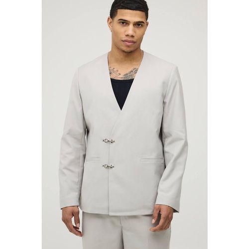 Collarless Fireman Clasp Oversized Blazer | Stone