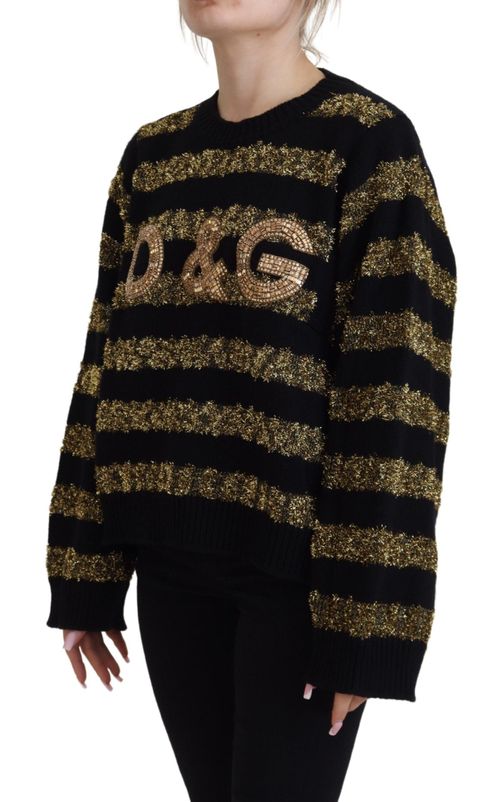 Crystal-Embellished Striped Cashmere Sweater — Black