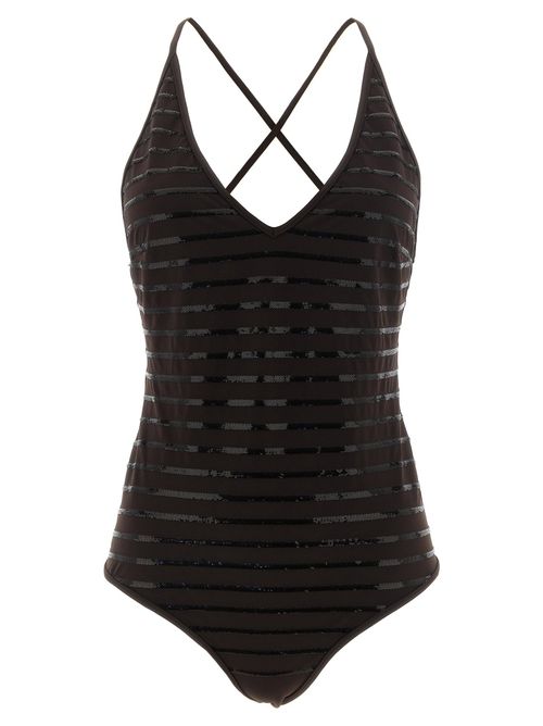 Sequin-Striped One-Piece Swimsuit — brown
