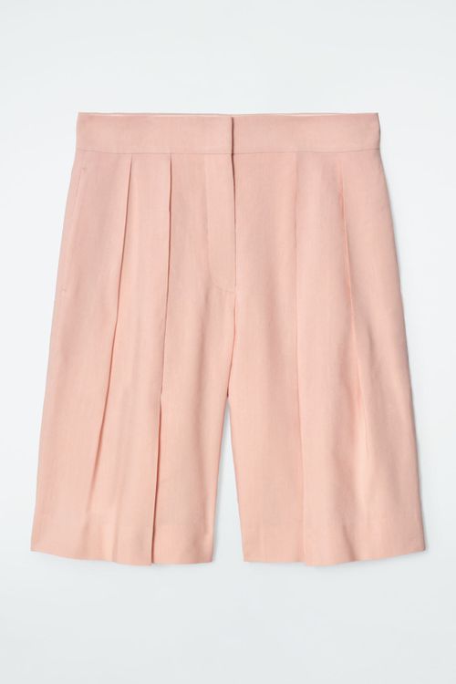 LONGLINE PLEATED LINEN SHORTS