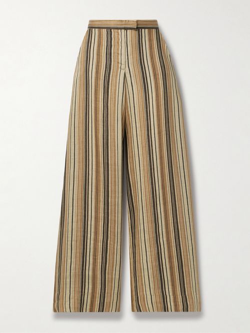 Striped Linen-blend Wide-leg Pants - Brown