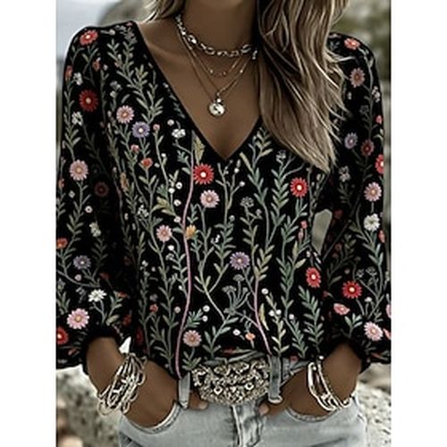 Women's Shirt Print Floral Graphic Bohemia Vacation Vintage Long Sleeve Lantern Sleeve V Neck Regular Tops Casual Daily Holiday Blue Black White Pink Summer Sp