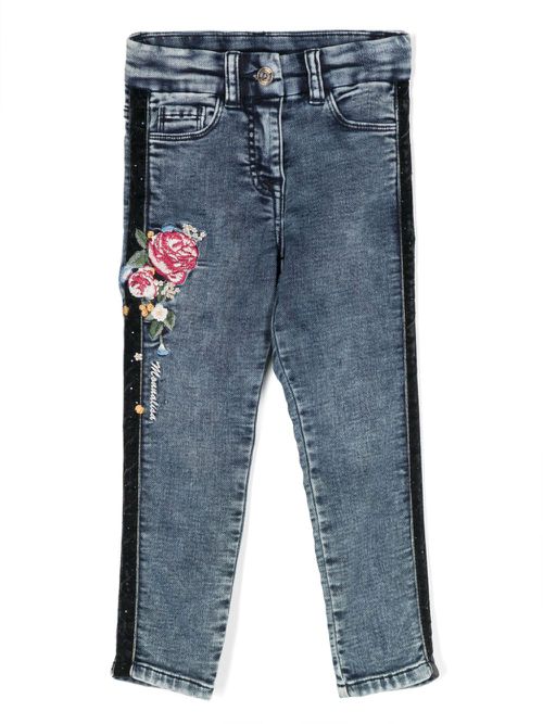 Floral-embroidery jeans - Blue