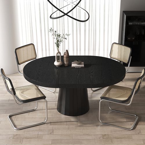Japandi 39"-55" Extendable Dining Table for 6 Person Black Oval & Round Wood Table Pedestal