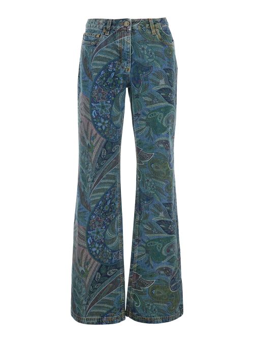 Floral Print Denim Jeans — Blue