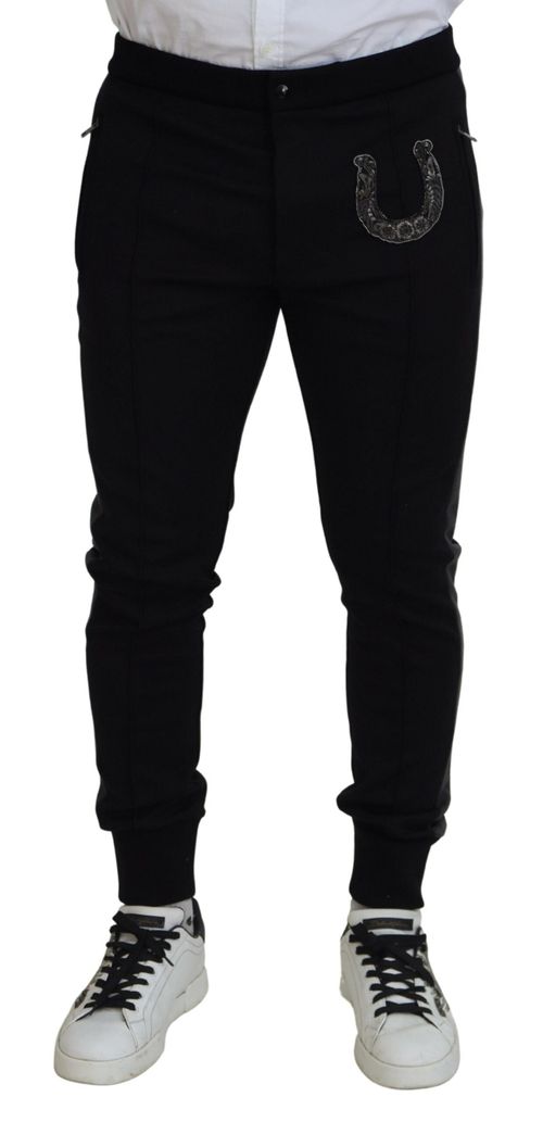Virgin Wool Horseshoe-Embroidered Joggers — Black