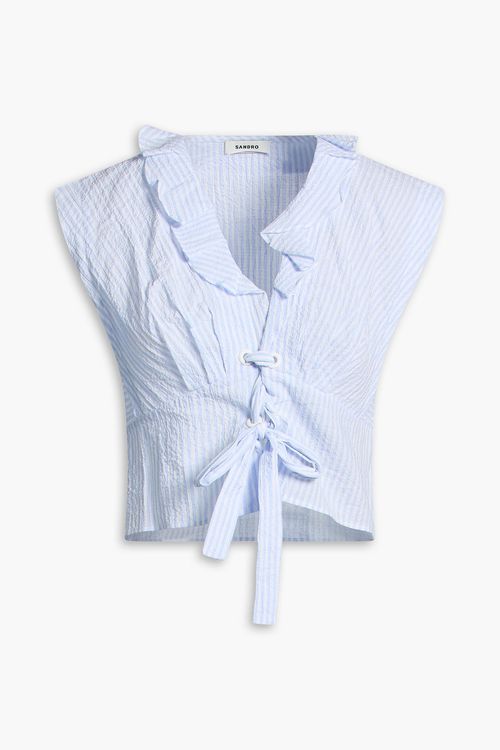 Cropped ruffled striped cotton-blend seersucker top - Blue - 3