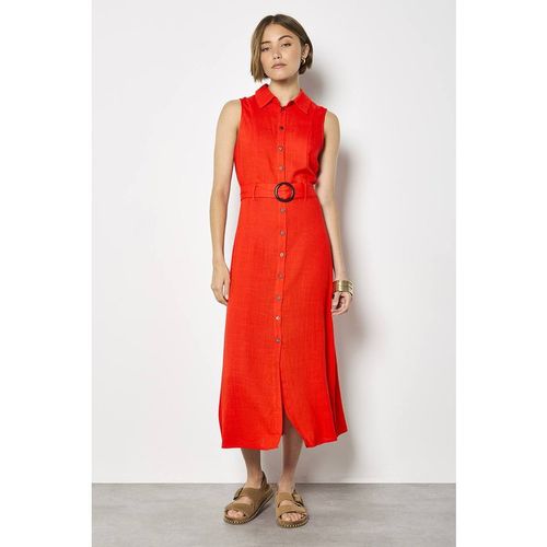 Apricot Linen Blend Shirt Midi Dress In Red