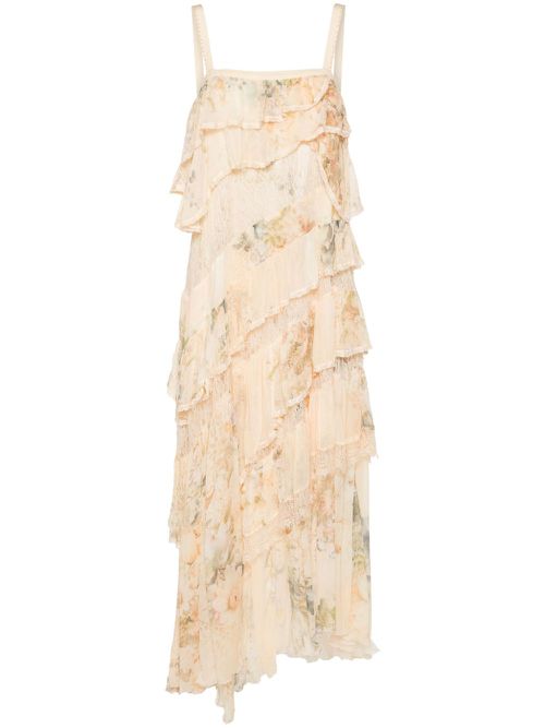 Lace-trim asymmetric midi dress - Neutrals