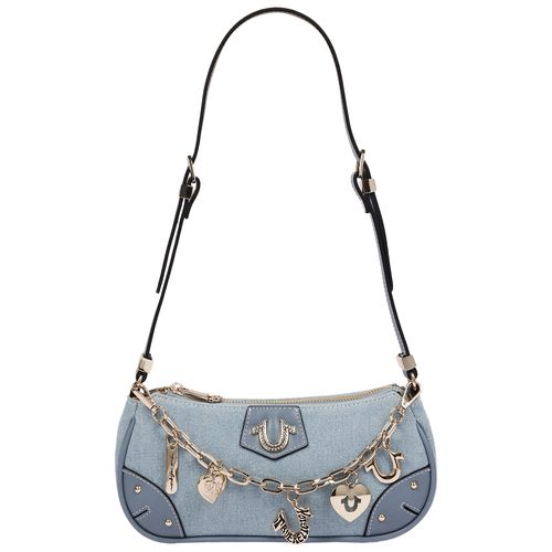 Horseshoe Chain Denim Shoulder Bag - Charm Detail Zip Top Purse with Adjustable Strap