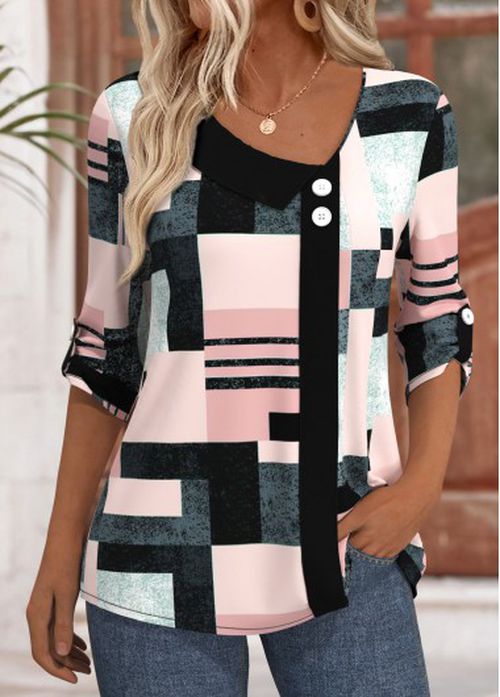Modlily Pink Geometric Print 3/4 Sleeve Asymmetrical Neck Blouse
