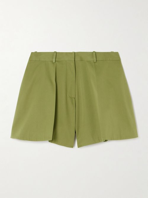 Pleated Cotton And Silk-blend Sateen Shorts - Green