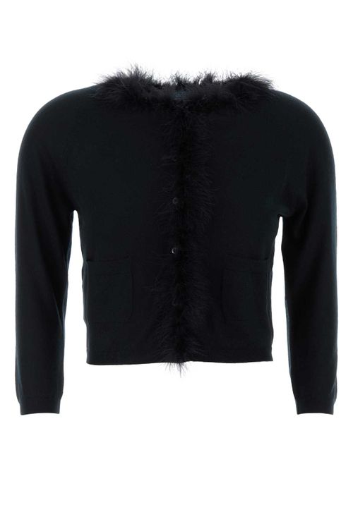 Cashmere with Feather Trim Cardigan — Black