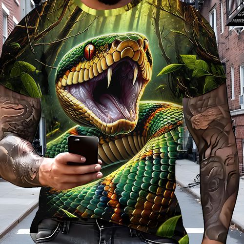 TEMU Men's Green Snake Graphic T-shirt - Realistic 3d Print Design, Breathable Polyester Shirt For Summer Gym, Outdoor Activities & Everyday Casua