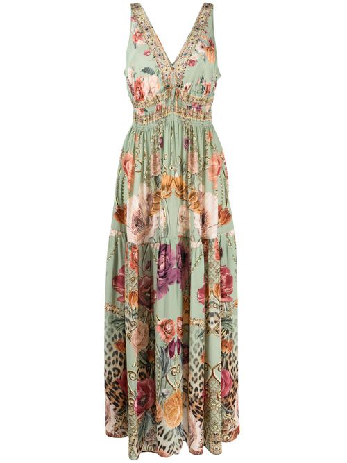 Floral-print silk dress - Green