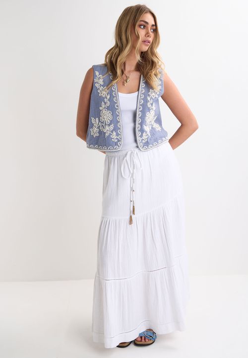 Womens White Plain Double Cotton Tiered Maxi Skirt