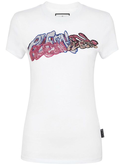 Crystal-embellished graffiti-logo T-shirt - White