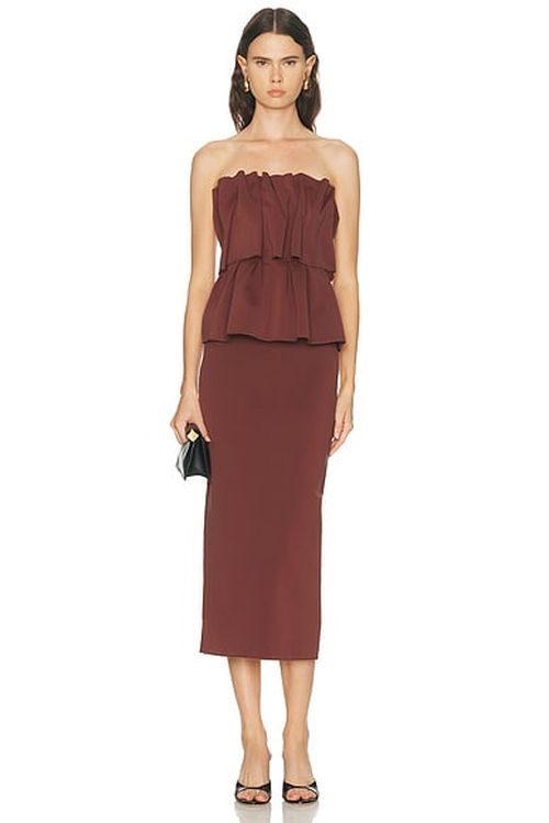 House of Dagmar Sculpted Midi Dress in Mahogany Red - Brown. 32 also