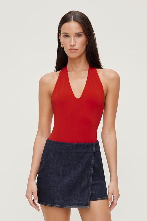 Sculpt Plunge Halter Bodysuit - Red - Women Clothing