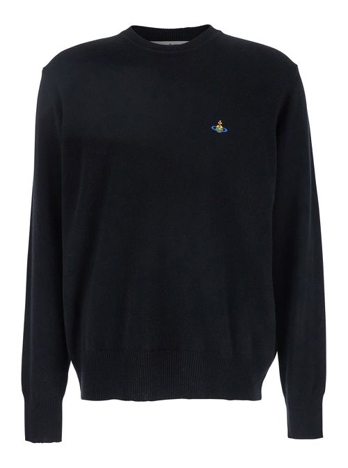 Alex Black Crewneck Sweater With Orb Logo Detail On The Front In Wool And Cashmere Woman