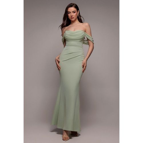 Goddiva Bardot Scuba & Chiffon Cowl Maxi Dress - Sage Green