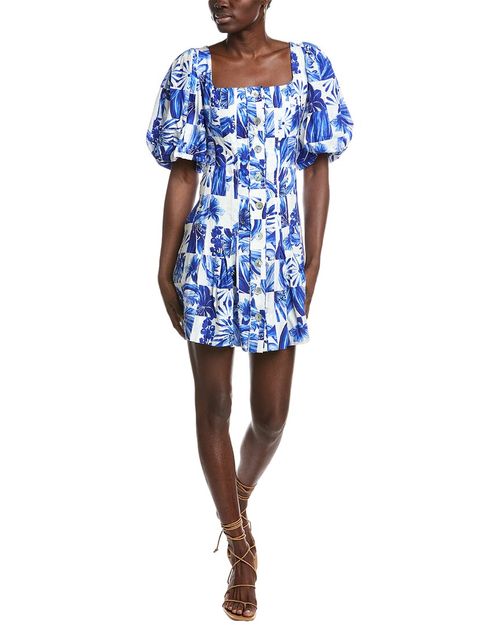 Garden Tiles Plaid Off-White Linen-Blend Mini Dress