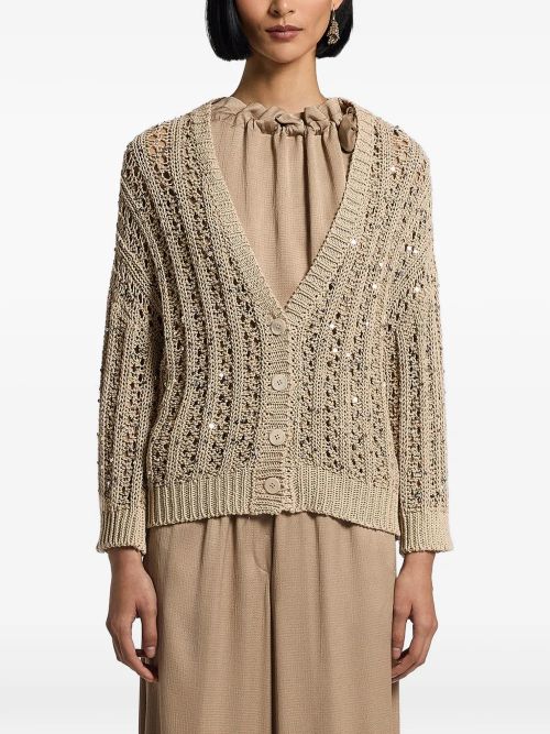 Openwork Cotton Knit Cardigan — Beige
