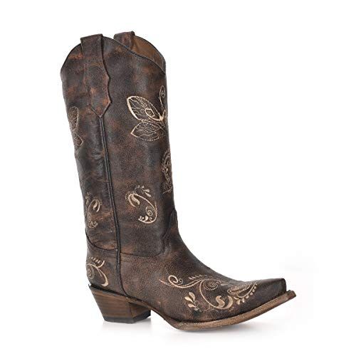 CORRAL Women's Western 13in Shaft Dragonfly Distressed Brown/Bone Embroidered Snip Toe Boots