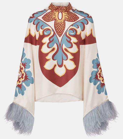 La DoubleJ Make An Exit feather-trimmed silk top