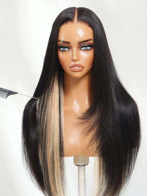 UNice Bye-Bye Slip™ 7x5 Lace Black with Blonde Peekaboo Highlights Layered Straight Wigs with Invisi Drawstring 150% Density