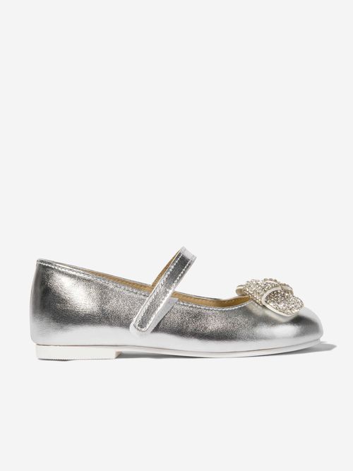 Girls Leather Crystal Bow Ballerinas in Silver EU 21 UK 4.5 By Childsplay Clothing
