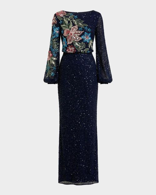 Beaded Floral Sequin Column Gown