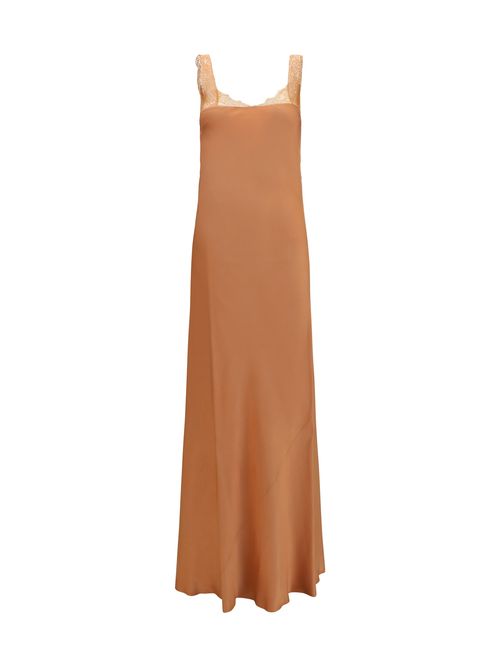 Satin Maxi with Lace Trims Dress — Beige