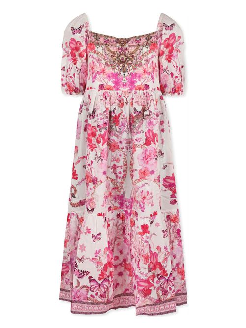 Puff-sleeve midi dress - White