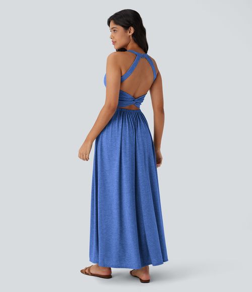 Twisted Backless Split Flowy Maxi Resort Dress with Pockets Casual Dress - Sky Blue Floral Yarn