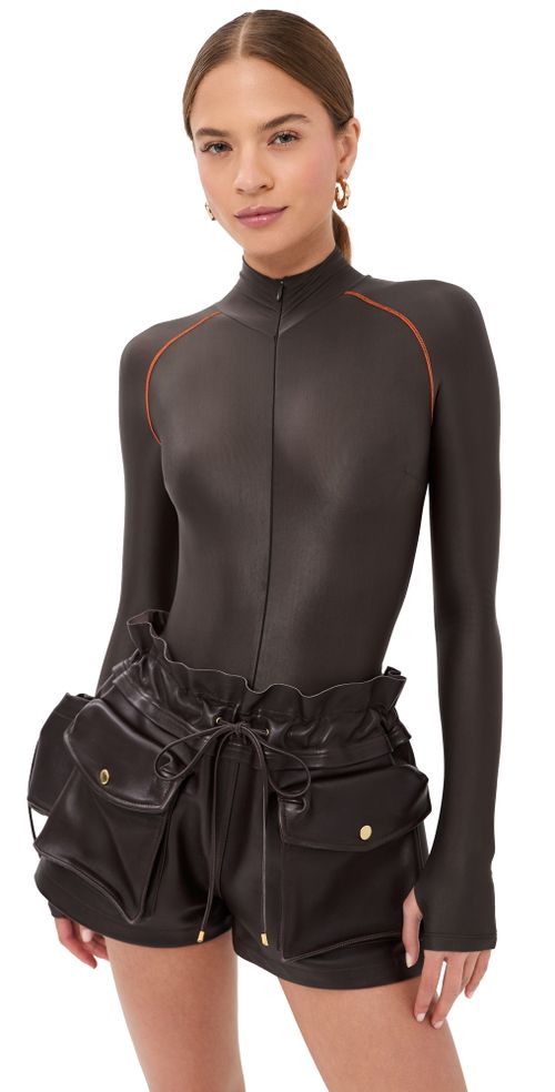 Long Sleeve Bodysuit with Top Stitching Chocolate/Orange